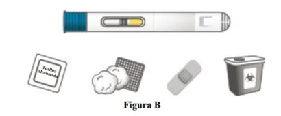 Dispositivo medico orizzontale bianco e blu con finestra trasparente, salviette alcoliche, batuffoli di cotone, garza, cerotto e contenitore per rifiuti biologici