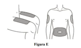 Diagramma medico che mostra due viste del corpo umano con cerchi grigi che indicano le zone di applicazione su braccia e addome