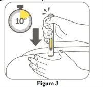 Hand holding an injection pen pressed against the skin with a timer indicating ten seconds and a downward arrow