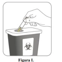 A hand inserting a used syringe into a biohazard waste container with the biohazard symbol shown on the front