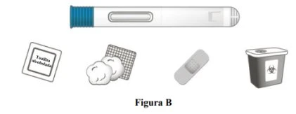 White injection pen with blue tip, alcohol wipes, cotton balls, adhesive bandage, and biohazard waste container with biohazard symbol
