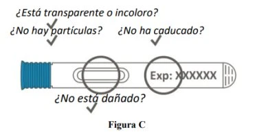 Diagram of a medical vial with arrows and questions in Spanish indicating transparency, the