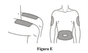 Medical diagram showing application sites for a patch on the arm, upper back, and abdomen of a human torso