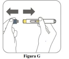 Two hands separating or joining a white medical device with a dark cap indicated by horizontal black directional arrows