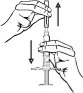 Technical drawing showing two hands separating an upper cap from a syringe, with arrows indicating the upward movement