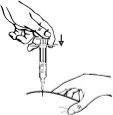 A hand holding a syringe and pushing it vertically toward skin stretched by a