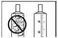 Technical drawing of two syringes placed side by side, the one on the left showing air bubbles