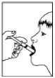 Black and white drawing of a hand holding a needle-free syringe inserting it into the mouth of a person shown in profile