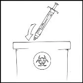 Black-and-white drawing of a syringe with an arrow indicating the motion of disposal into a container for hazardous biomedical waste