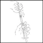 Technical drawing showing two hands assembling a syringe with a needle using a vertical motion indicated by a downward-pointing arrow