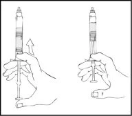 Disegno tecnico di due mani che impugnano una siringa, una con una freccia verso l'alto