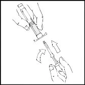 Disegno tecnico che mostra due mani che separano i componenti di un dispositivo medico mediante un movimento rotatorio indicato da frecce curve