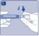 Two hands holding a cylindrical medical device while a blue curved arrow indicates rotational movement of the terminal part to the right