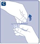 Two hands lifting a transparent lid from a medical container with a blue arrow pointing upward