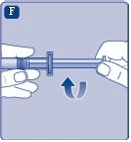 Two gloved hands holding a syringe with a curved arrow indicating clockwise rotation of the barrel for drug preparation