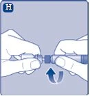 Two hands holding a cylindrical medical device and rotating it clockwise as indicated by a curved blue arrow on a blue background