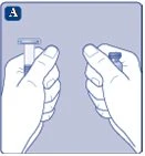 Two hands holding a drug vial and a vial respectively on a blue background with the letter A in the upper left corner