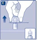 A hand lifting a protective cap vertically off a medicine vial with a blue arrow pointing upward