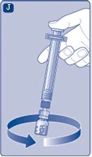 One hand holding a syringe vertically above a glass vial with a circular arrow indicating a rotational movement around it
