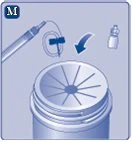 Medical diagram showing an injection pen, a vial, and a needle being inserted into the top of a cylindrical device