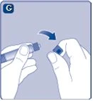 Two hands removing a protective cap from an injection pen with a blue arrow indicating the removal motion upward