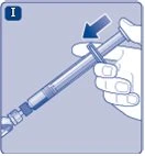 A hand holding an angled syringe with a blue arrow indicating thumb pressure on the plunger to expel liquid