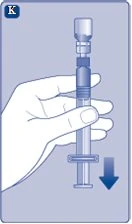 A hand holding a transparent syringe with a blue arrow pointing downward indicating the plunger depression movement