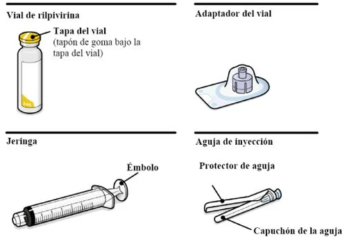 Medical diagram showing a vial with a golden cap, a plastic adapter, a syringe with plunger, and a needle protected by a transparent cap