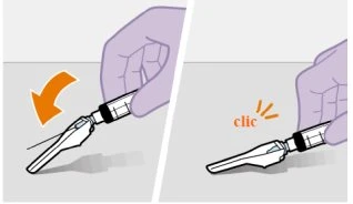 Medical illustration showing two stages: a hand pressing a medical device downward and a second stage with the sound 'click' achieved
