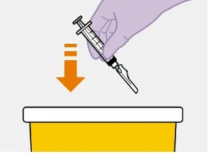 A hand holding a tilted syringe with an orange arrow pointing downward indicating the injection movement toward a yellow container
