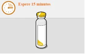 Clock icon with arrows indicating time, orange text reading 'Wait 15 minutes', and a medical vial with a yellow cap on a gray background