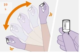 Gloved hands rotating a vial for 10 seconds with a curved orange arrow and a close-up of the hand holding it steady