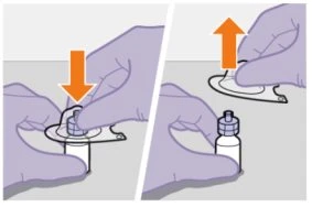 Two hands opening a medical vial by pressing downward with an orange arrow, then lifting the cap with an upward arrow