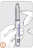 A hand holding vertically an injection pen labeled Rekovelle while the thumb of the other hand prepares to press the injection button