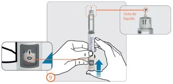 Hands holding an injection pen with a close-up showing a drop of liquid at the tip and the dose displayed on the dial
