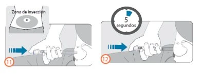 Medical diagram with two steps: a hand pressing a device against the thigh and a timer indicating the duration