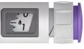 Detail of a medical device with a small digital screen displaying the numbers 0, 6, and 1 on a white background and white side buttons