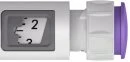 Detail of a medical device with a small digital display showing the number 2 on a white background and a purple section on the right