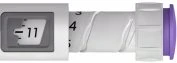 Close-up of an injection pen with a digital display showing the number 11, a white cylindrical body with black text, and a purple cap