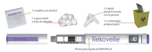 Medical kit with alcohol wipe, sterile gauze, needle, sharps container, and pre-filled Rekovelle pen on a white background