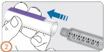 Two hands holding a white and purple cylindrical container while a blue arrow indicates the direction