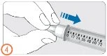 Two hands holding a graduated syringe with a blue arrow indicating clockwise rotation to prepare the device