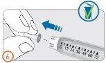 A hand rotating the syringe cap counterclockwise to remove it, with a blue arrow and a disposal symbol in the top right