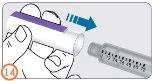 Hands tilting a white container over a graduated syringe with a blue arrow indicating the pouring motion