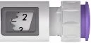 Close-up of a medical device with a small digital display showing the number 2 and a purple side button