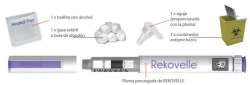 Alcohol wipes, gauze or cotton balls, sharps container, and a pre-filled Rekovelle pen on a white background