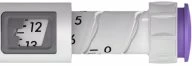 Close-up of a syringe with a transparent graduated barrel marked with black numbers and a purple cap on a light gray and white background