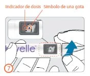 Diagram showing a dose indicator and a droplet symbol on a medical device with a blue arrow pointing towards it