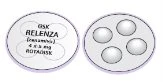 Due dischi circolari bianchi, uno con la scritta nera GSK RELENZA 4 x 100 mcg ROTADISK e l'altro