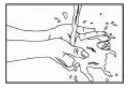 Disegno lineare di due mani che tengono e manipolano un oggetto sottile sopra una superficie con schizzi di liquido e piccole particelle
